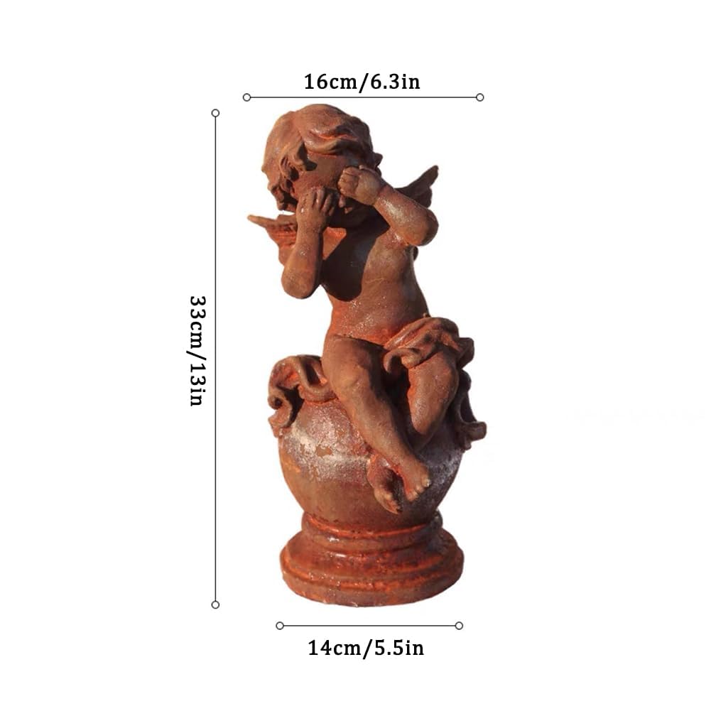 Żeliwna statuetka aniołka, zakryty oczy, 33 cm, antyczna figurka ogrodowa z żeliwa, imitacja rdzy lub biała, dekoracyjna figurka anioła do ogrodu, na taras i do domu (rdza)