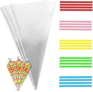 100pcs Sweet Cone Bags 25x13cm with 100pcs Coloured Dot Twist Ties, Clear Cellophane Bags for Baking, Candy, Cookie, Displaying, Wrapping (25x13cm)