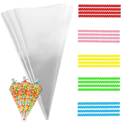 100pcs Sweet Cone Bags 25x13cm Clear Cone Bags, Sweet Bags, Cellophane Cone Bags with Ties for Party Supplies, Sweets, Biscuits Displaying & Wrapping on Birthday Parties and Festivals