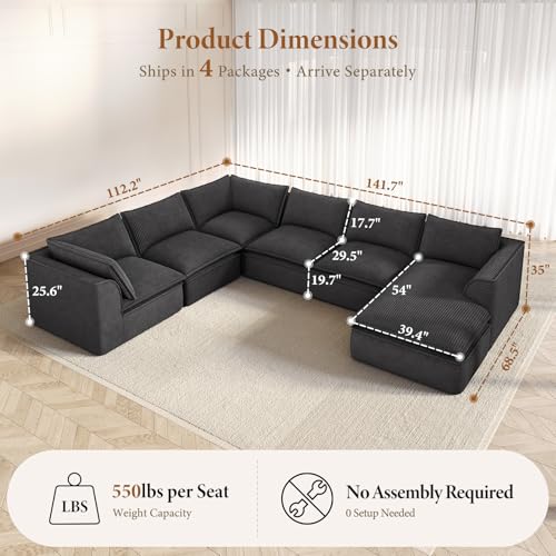 Image of Vesgantti 141.7 inch Oversized Boneless Sectional Couch, Modern 7 Seater Modular Sofa with Chaise, Deep Seat Convertible Corduroy Cloud Couches for Living Room, No Assembly Required, Black