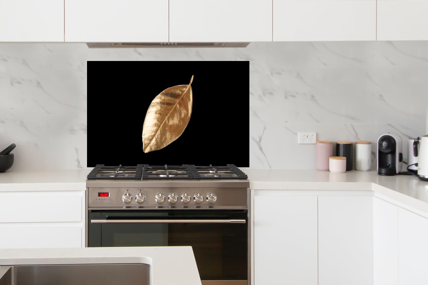 KitchenYeah© Spritzschutz Küchenrückwand Platte Küchen Zubehör Aluminium | 100x65 cm - Platte Herd Spritzschutz WandverkleidungBlätter - Gold - Luxus - Pflanzen - Schwarz