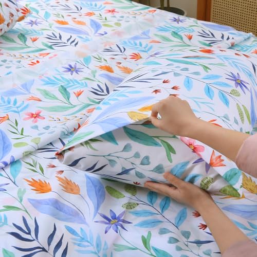 Image of MUXHOMO King Size 4 Piece Sheet Set, Soft & Breathable Sheet for Bedroom with Deep Pocket Up to 16 inch, Wrinkle-Free & Cooling Bed Sheets with Flat Sheet, Fitted Sheet & Pillowcases - Colorful Leaves