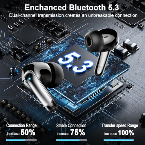 Image of Wireless Earbuds, Bluetooth 5.3 Headphones Bass Stereo, 48Hours Playtime, 4 ENC Mic Clear Calls, Noise Cancelling Ear Buds with LED Display Charging Case,IPX7 Waterproof Earphone for Android iOS Black