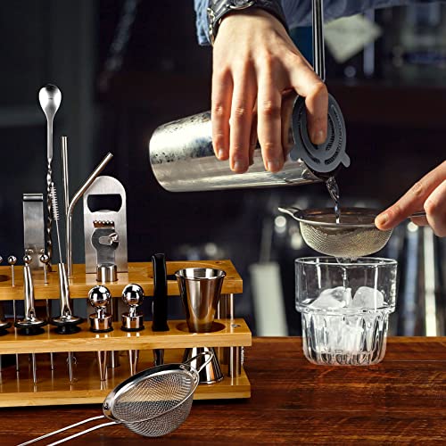 24-Piece Cocktail Shaker Set Bartender Kit With Stand, Stainless Steel Bar Tool Set With 25Oz Boston Shaker, Muddler, Mixing Spoon, Jigger, Lemon Squeez, Tongs, Corkscrew, Liquor Pourers #TOP4