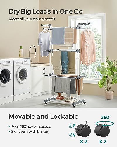 SONGMICS Large Clothes Airer, Foldable Clothes Drying Rack Laundry 4-Tier, Moveable Clothes Horse, 64 x 126 x 172 cm, Stainess Steel, Folding Wings, Easy Assembly, Indoor Outdoor Use, White LLR701W01 - Image 3