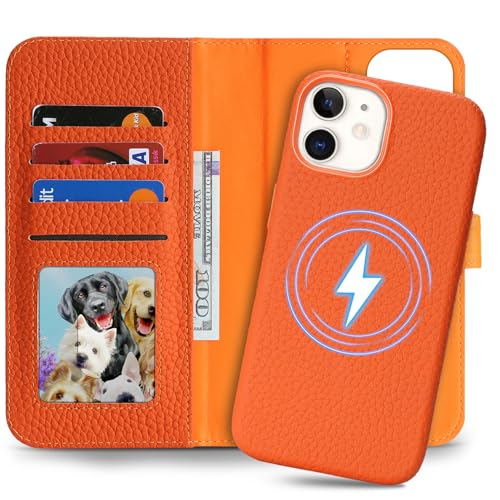 Image of Detachable Genuine Leather Case for iPhone 11 Wallet Case Magnetic 2in1 Removable Flip Cover Book Purse Compatible with Magsafe Charging Kickstand Card Holder-Orange