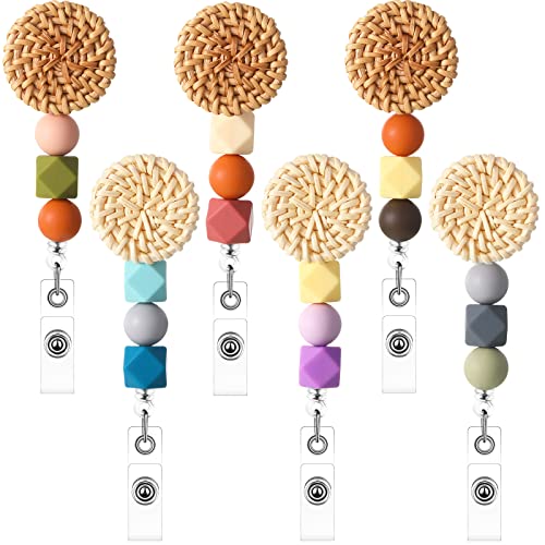 6 Pack ID Badge Holder with Clip Boho Rattan Badge Reels Retractable with Silicone Beaded Vintage Name Card Cute Badge Reel for School Office Nurse Teacher Student Women Worker Supply Cover