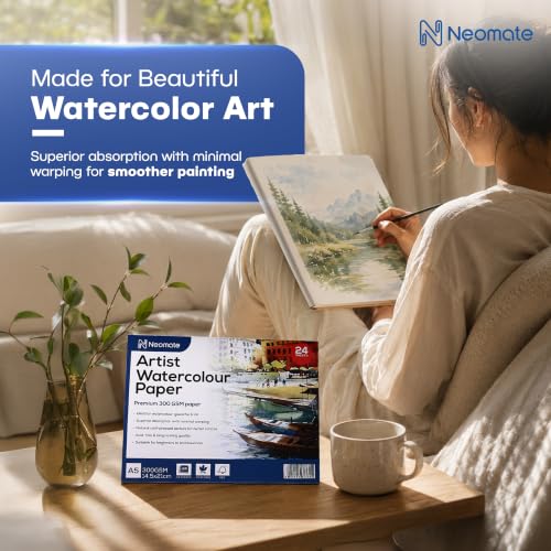 Image of Neomate Artists Watercolour Paper | 300 GSM, Size A5, Cold Pressed | Pack of 24 Sheets | Ideal for Artist, Professional Drawing, Painting Dry & Wet, Fine Arts Students