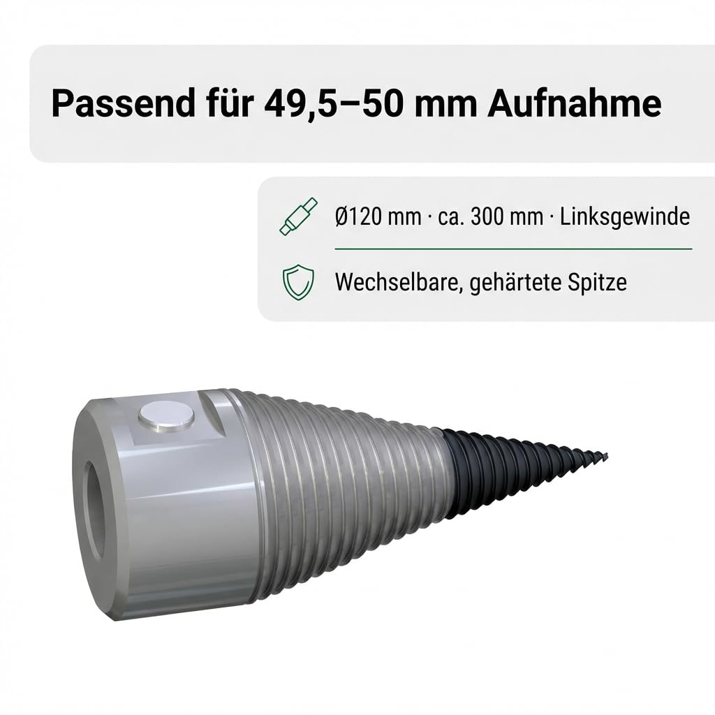 Holzspalter Drillkegel Ø120mm für 3T Rotator, Aufnahme 49,5–50mm, Linksgewinde 6mm Steigung, ca. 300mm Länge, C45 Stahl, wechselbare gehärtete Spitze, Querbohrung für 25mm Sicherungsbolzen