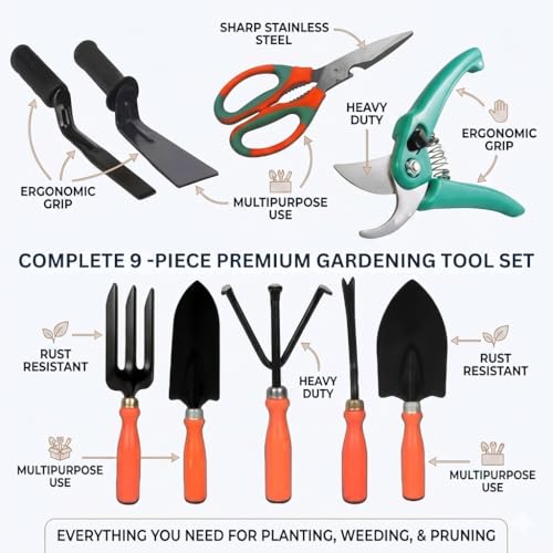 Image of Ocean Mart 9-Piece Gardening Tools Kit for Gardening - Cultivator, Fork, Trowels, Weeder, Garden Scissor, Khurphi & Pruner Cutter for Indoor & Outdoor Gardening