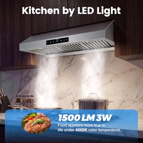 Image of 36 Inch Under Cabinet Range Hood 1200CFM, 4-Speed Kitchen Hood with Touch Control & Gesture Sensing Stainless Steel Kitchen Stove Vent Hoods with 2 LED Lights Pro Series