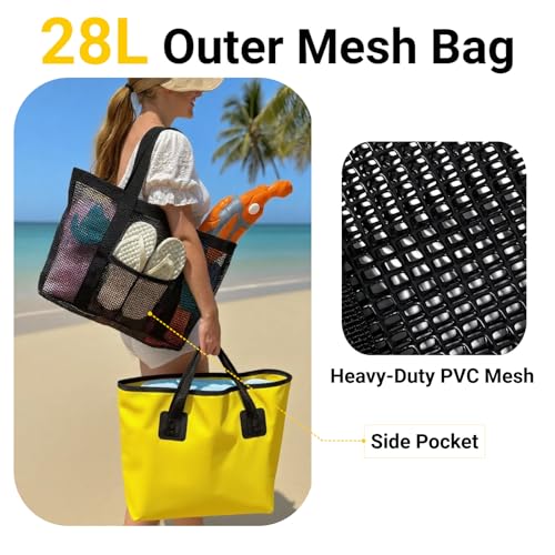 Double Large Mesh Beach Bag Tote Waterproof Sandproof with Pocket for Women Men Beach Swim Pool Separable 35L&28L2