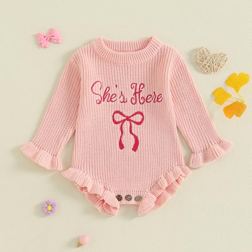 Newborn Girl Clothes She's Here Embroidered Baby Ruffle Romper Winter Long Sleeve Birth Announcement Outfit2