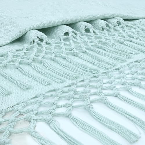 Image of HAKAM Cotton Throw Blanket with Macrame Tassels for 3 Seater Sofa | Ideal for Your Home, Living Room, Sofa, Bed, Chair, Picnic & Used for Gift - 50X70 inch (Light Blue, Single)