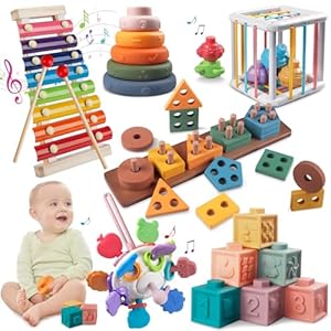 Montessori Baby Toys for 1+ Year Old – Sorting Stacking Learning Toys 6 to 12 Months, Wooden Building Blocks, Xylophone Musical, Infant Teethers Toys for Babies, 6 in 1 Toy Gifts for Toddlers