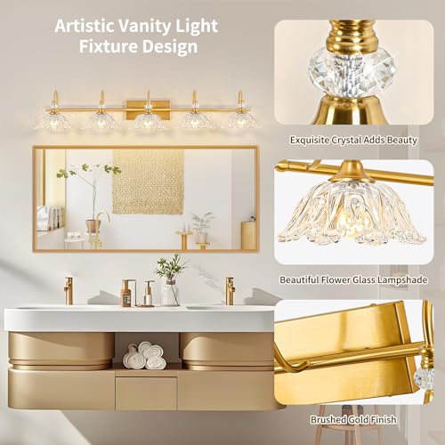 Image of Gold Bathroom Vanity Light, 5-Light Brushed Gold Finish Vanity Light with Floral Clear Glass Shades, Vintage Wall Mount Lighting for Bathroom, Dressing Table