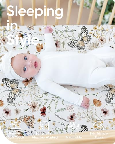 Image of Crib Sheets for Boy Girl, Premium Soft Butterfly Crib Mattress Fitted Sheet, Ultra Breathable Baby Sheets, Super Stretchy Baby Bed Sheets 28''x52''x9'' Extra Deep Pocket, 2 Pack