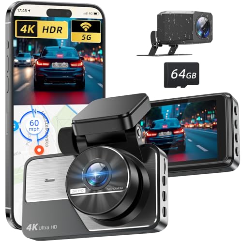 RENGAC Caméra : Double caméra Voiture 4K+2K Full HD, WiFi 5G intégré avec Carte 64GB, GPS, écran IPS 3 Pouces, Vision Nocturne UHD 2160P, contrôle par Application,...