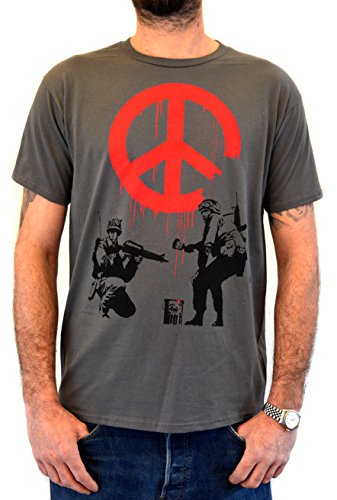 Faces T-Shirt Hombre Street Art Banksy Soldiers Painting Peace T-Shirt Gris Impresión del Manual de la Pantalla de Agua (XL Hombre)