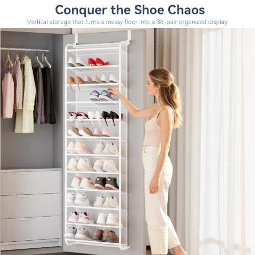 Image of Whitmor 36 Pair Over the Door Shoe Rack,12 Tier Hanging Shoe Organizer with Metal Frame & Mesh Shelves, Heavy Duty Shoe Storage Holder for Door,No Drill Installation, 74 inchH x 21.7 inchW x 7.5 inchD, Matt White