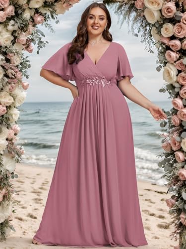 Image of Ever-Pretty Short Sleeves V Neck Plus Size Formal Dresses for Curvy Women Chiffon Mother of The Bride Dress Evening Gowns