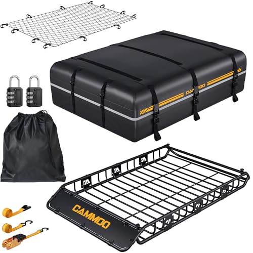 CAMMOO 64x39 Roof Rack Basket Removable Fairing & Support Bars for Kayaks/Long Gear 20 Cu.Ft Waterproof Soft Bag+Lock+Net+Strap200Lbs Capacity Car Roof Cargo Carrier for SUV Truck Camping