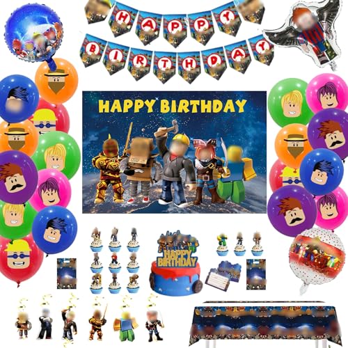 Birthday Party Decorations for Boys Party Supplies Included Happy Birthday Banner Backdrop Hanging Swirls Tablecloth Cupcake Cake Toppers Balloons gift bags invita card