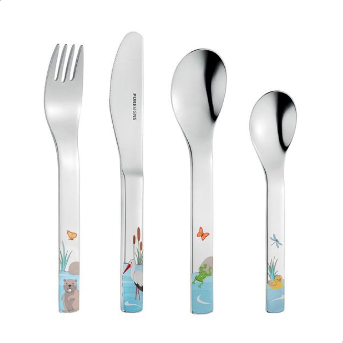 Kinderset Tiere Manao 7tlg. mit Gravur auf der Besteck-Rückseite (z.B. Namen) Kinderbesteck + Kindergeschirr (Teller, Schale, Tasse)