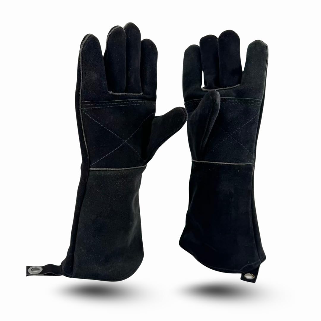 Gants Résistants à la Chaleur - Cuir Ignifuge - Haute Résistance - BBQ & Pro - Barbecue, Cuisine, Cheminée, Soudage, Four, Jardin, Camping, Atelier - Protection. 40x16cm