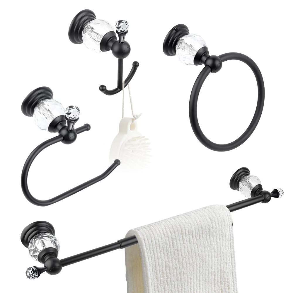 Black Crystal Bathroom Hardware Adjustable 24 Inch Towel Bar Set Toilet Paper Holder Towel Ring Coat Hooks Bathroom Accessories 4 Pieces Wall Mounted