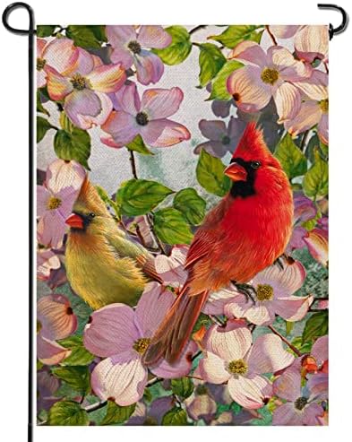 Artofy Cardinals Spring Home Decorative Garden Flag, House Yard Lawn Summer Welcome Decor Red Yellow Birds Dogwood Flowers, Floral Outside Decorations Outdoor Small Burlap Flag Double Sided 12 x 18