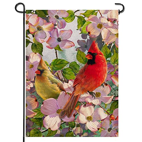 Artofy Cardinals Spring Home Decorative Garden Flag, House Yard Lawn Summer Welcome Decor Red Yellow Birds Dogwood Flowers, Floral Outside Decorations Outdoor Small Burlap Flag Double Sided 12 X 18 #TOP3