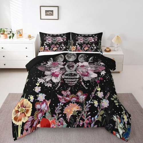 Image of Moon Bee Wildflower Decor Bedding Set for Kids Boys King Size, Girl Bohemian Comforter Set Plant Garden Herbs Leaves Cute Moon Phase Comforter Botanical Floral Soft Quilt Set with 2 Pillowcases