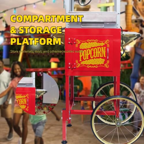 Image of Popcorn Machine with Cart, 8 Oz Kettle Makes Up to 2 Gallons, Vintage Popcorn Maker with Storage Cabinet, Movie Theater Style Popper for Commercial Home, Red