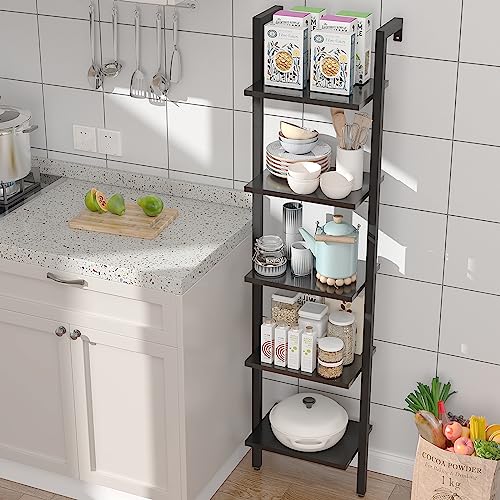 YMYNY Leiterregal mit 5 Ebenen, Bücherregal, DIY Standregal, Regal aus Holz, Metallrahmen, Wandmontage, für Bücher, Dekoration, Pflantzen… – Ansicht 4