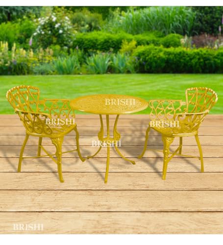 Image of BRISHI Cast Aluminium Garden Patio Seating Chair and Table Set for Balcony Outdoor Furniture with 1 Table and 2 Chair Set (Yellow)