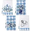 Bencailor Set of 4 Farmhouse Summer Kitchen Towels Gnome Flower Bike Decoration Dinnerware Towel Microfiber Summer Tea Towel Blue and White Buffalo Plaid Summer Towel Bathroom Decor, 16 x 24 Inch
