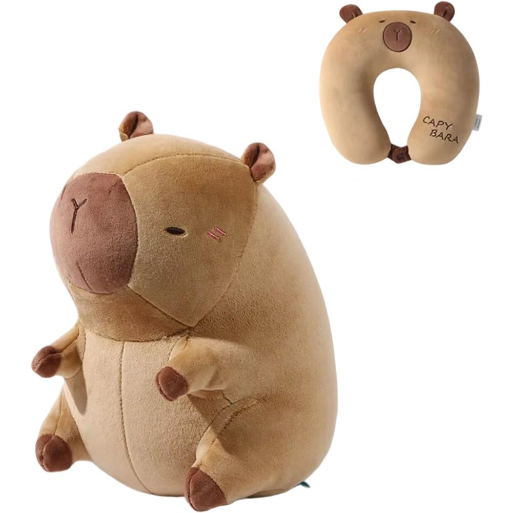 Capybara podróżna poduszka podpierająca kark 2 w 1, urocza, miękka poduszka w kształcie litery U, z motywem kreskówki, idealna na krzesła biurowe, wycieczki i krótką drzemkę w domu