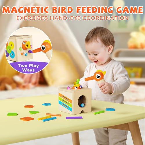 Image of 5-in-1 Wooden Activity Cube, Toddlers Montessori Toys for Baby Boys Girls, Baby Activity Center for 2+ Year Old, Woodpecker Worm Toy Magnetic Bird Feeding Game, Educational Color & Shape Sorting Toy