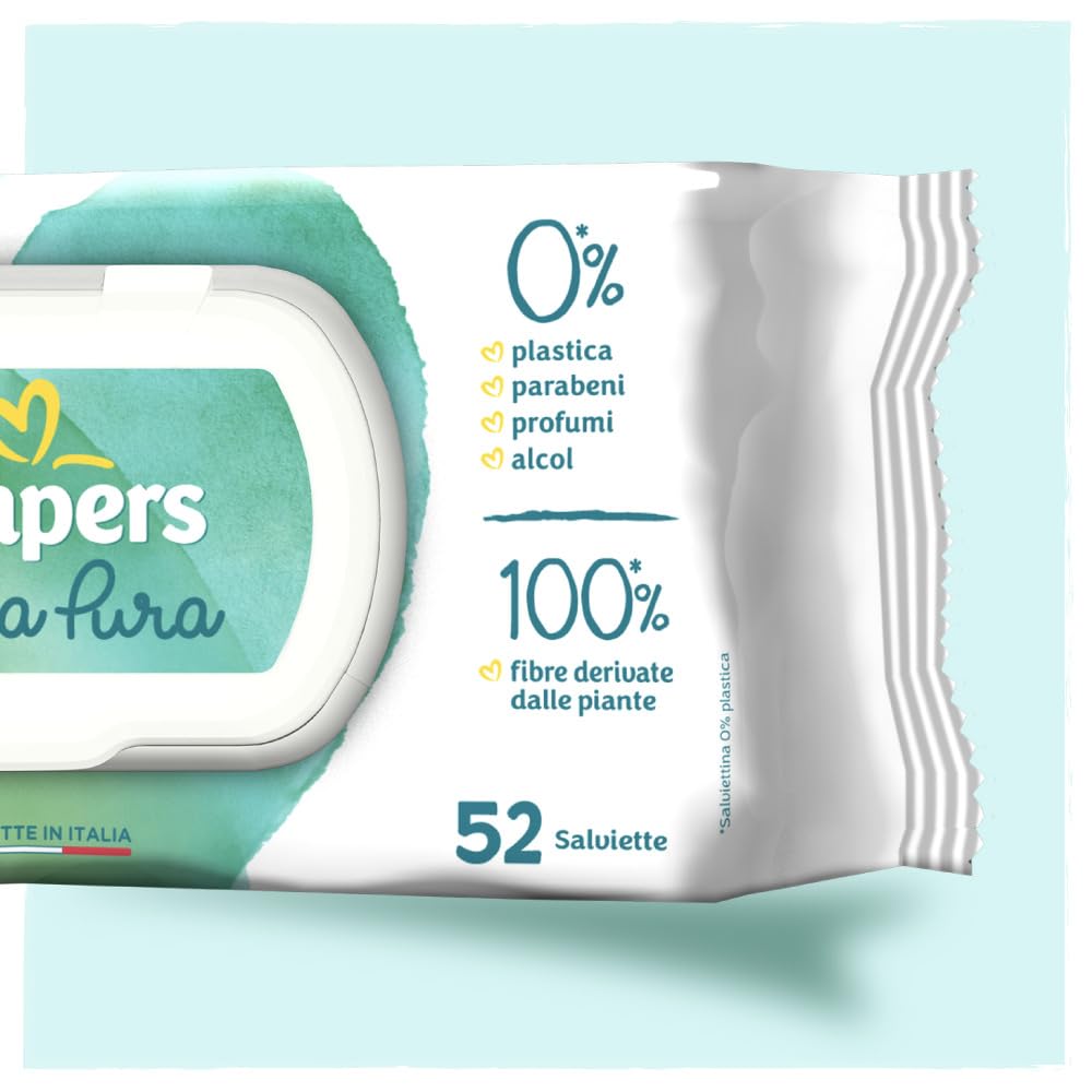 Pampers Acqua Pura Salviette neonato, 624 unità (12 confezioni) - 99% Acqua, 100% Cotone, 0% plastica, alcol e parabeni - Salviettine ideali pelli delicate, umidificate senza profumi aggiunti