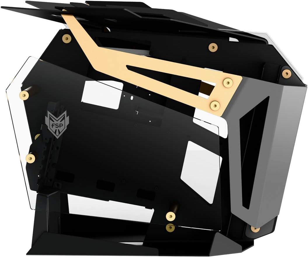 FSP Open Frame Gaming Streaming Case EATX/ATX/Mini- ITX, Dual-System, with 2 Tempered Glass Panels, Aluminum Case, ARGB Center Light Bar (CMT710 T-Wings Gold)