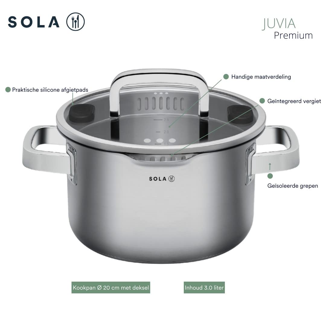 SOLA Juvia SIGNATURE zestaw garnków indukcyjnych, 5-częściowy, zestaw garnków ze szklaną pokrywką i funkcją nalewania, matowa stal nierdzewna 18/10, uchwyty Koudgreep, nadaje się do płyt indukcyjnych, nadaje się do mycia w zmywarce, skala wewnętrzna