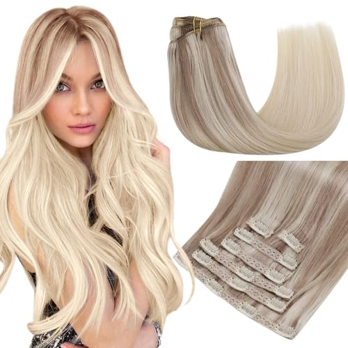 RUNATURE Clip in Human Hair Extensions Ombre Blonde Balayage Clip in Extensions Real Human Hair 22 Inch 120g 7pcs