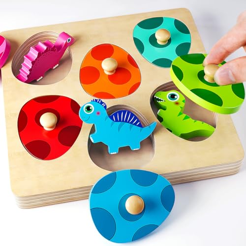 Montessori Toys for 1 Year Old Boys Girls Gifts: Wooden Shape Sorter & Color Match Baby Puzzles 12-18 Months - Dinosaur Matching Eggs Peg Puzzle for 1...