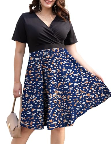 Image of Ahlaray Womens Plus Size Dresses Short Sleeve Faux Wrap Causal Swing Dress with Pockets, L-4XL