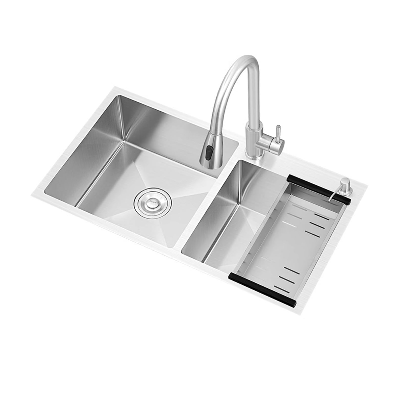 Doppelspüle zum Einbauen aus Edelstahl 304, Gewerbewaschbecken, großes, integriertes Waschbecken mit Ab- und Überlauf sowie ausziehbarem Wasserhahn für Badezimmer
