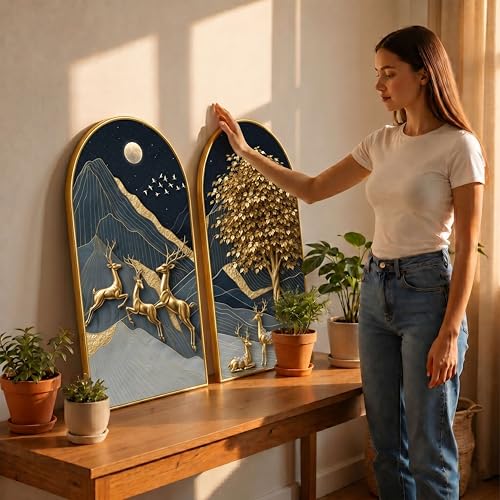 Image of Livin'luxe Set of 2 Golden Deer Wall Painting for Living Room, Moon Mountain Modern Artwork, PVC Golden Frame, Arch Shape Wall Decor for Bedroom, Hall, Office & Gift (30 x 32 Inch) RPNL-02-119