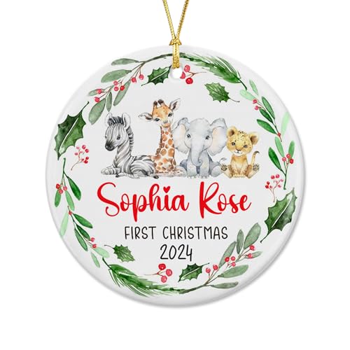 Unifury Personalized Baby First Christmas Ornament 2024, Keepsake for Babies First Christmas Tree, Holiday Decor for Celebrating Ceramic Babys 1st Christmas Ornament 2024, Safari Animal Holly