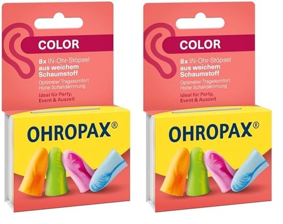 OHROPAX Color Ohrstöpsel – IN-Ohr-Stöpsel aus weichem Schaumstoff – besonders komfortabel, auch bei langem Tragen – Schalldämmwert SNR 35 dB – ideal für Party, Event und Auszeit – 8 Stück