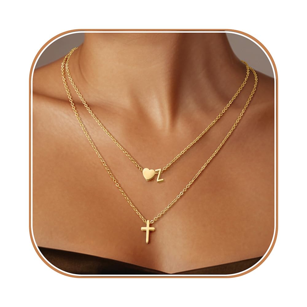 LUNADORN Cross Necklace, Layered Initial Necklaces for Women,Dainty 18K Real Gold Plated Heart Initial Necklace, Personalized Gifts for Women Teen